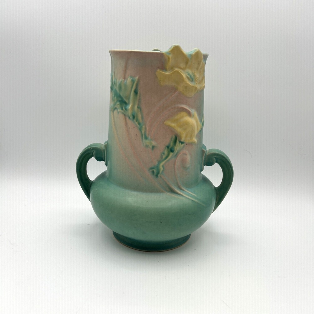 Roseville Pottery Poppy Vase Blue Green Handles 9.5"‎ Mold #873